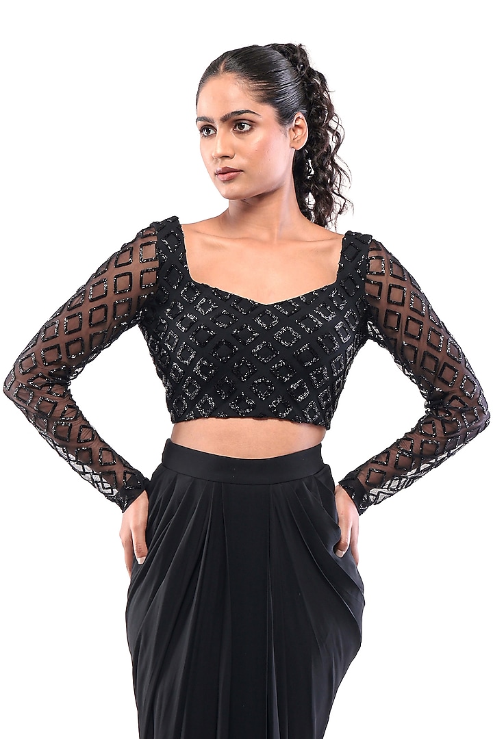 Black Double Georgette Geometric Embroidered Crop Top by Bharat Adiani at Pernia's Pop Up Shop