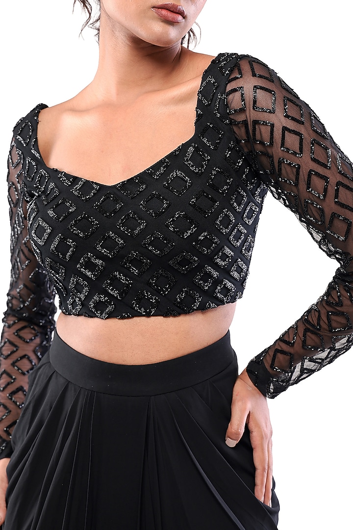 Black Double Georgette Geometric Embroidered Crop Top by Bharat Adiani at Pernia's Pop Up Shop