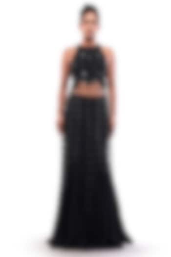 Black Moss Crepe & Silk Mermaid Skirt Set by Bharat Adiani at Pernia's Pop Up Shop