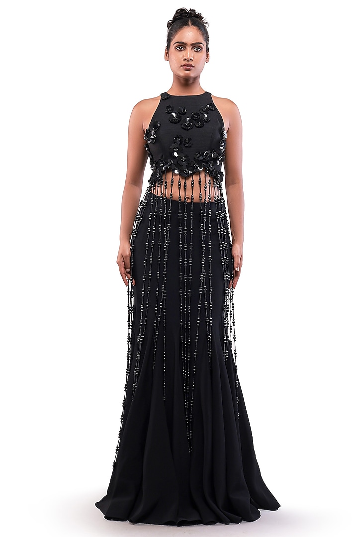 Black Moss Crepe & Silk Mermaid Skirt Set by Bharat Adiani at Pernia's Pop Up Shop