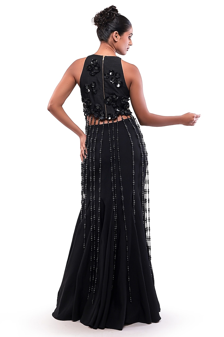 Black Moss Crepe & Silk Mermaid Skirt Set by Bharat Adiani at Pernia's Pop Up Shop