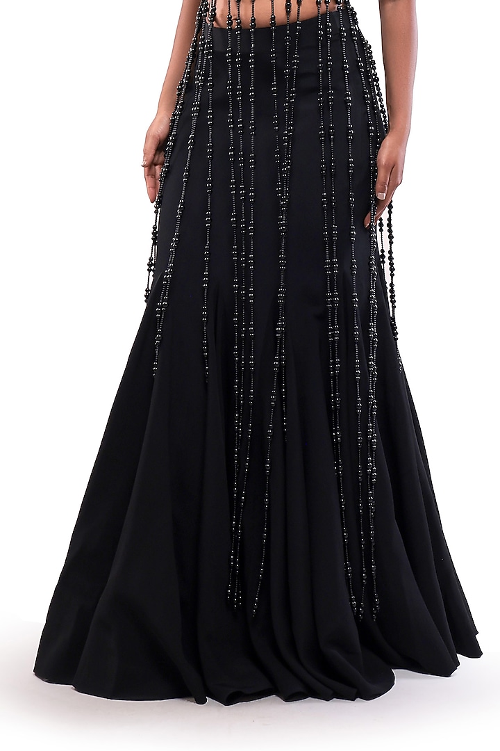 Black Moss Crepe & Silk Mermaid Skirt Set by Bharat Adiani at Pernia's Pop Up Shop