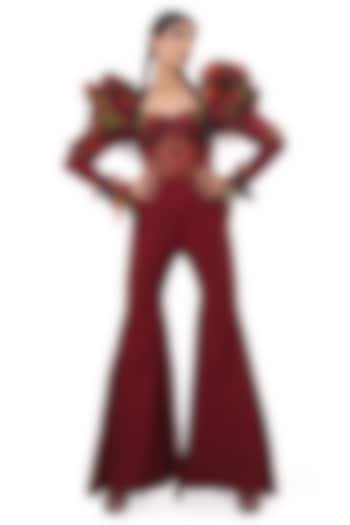 Red Moss Crepe Applique Corset Jumpsuit by Bharat Adiani at Pernia's Pop Up Shop