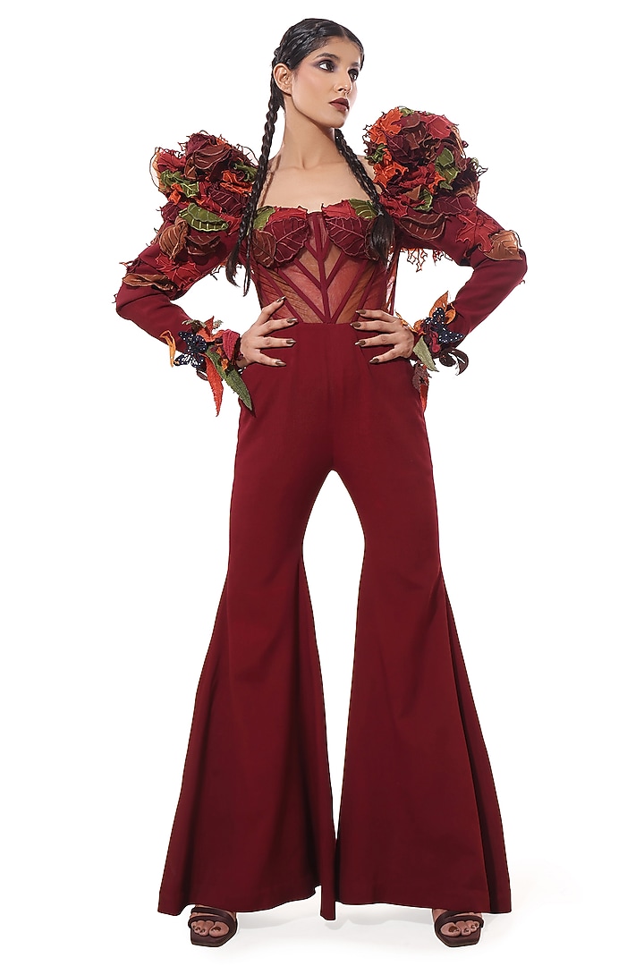Red Moss Crepe Applique Corset Jumpsuit by Bharat Adiani at Pernia's Pop Up Shop