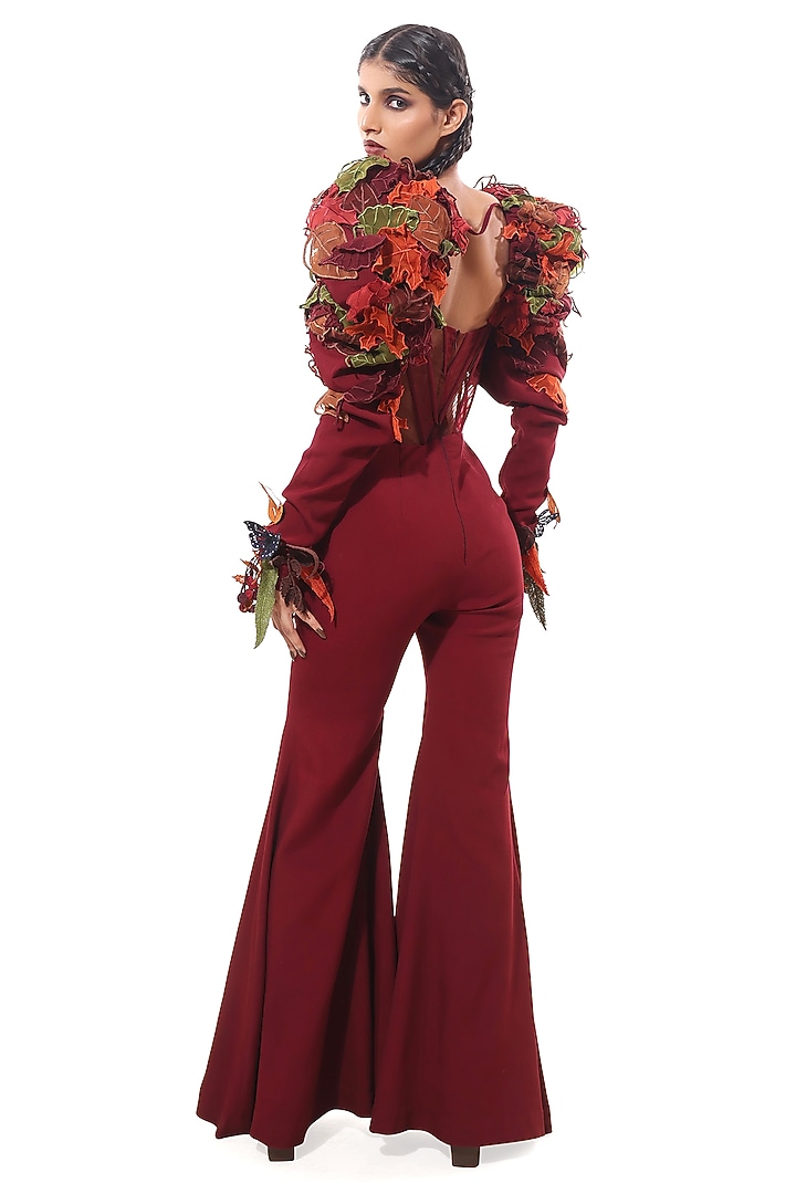 Red Moss Crepe Applique Corset Jumpsuit by Bharat Adiani at Pernia's Pop Up Shop