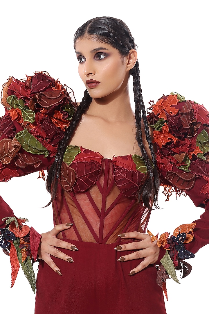 Red Moss Crepe Applique Corset Jumpsuit by Bharat Adiani at Pernia's Pop Up Shop