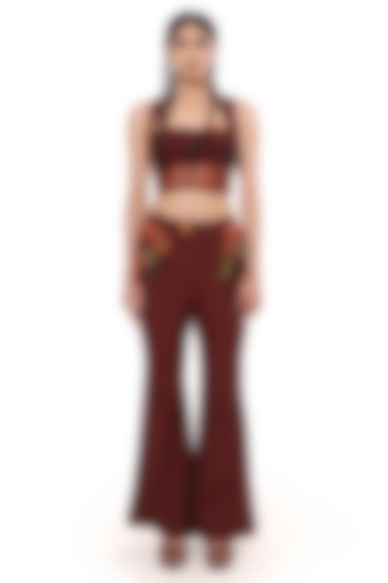 Brown Moss Crepe Applique Tailored Pants Set by Bharat Adiani at Pernia's Pop Up Shop