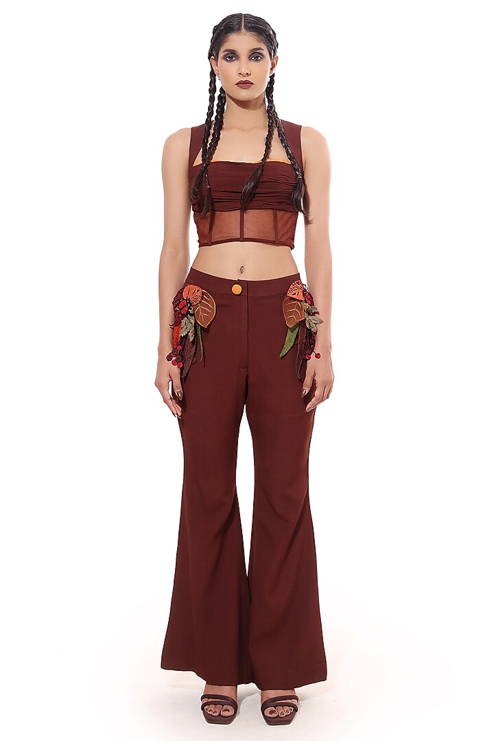 Brown Moss Crepe Applique Tailored Pants Set by Bharat Adiani at Pernia's Pop Up Shop