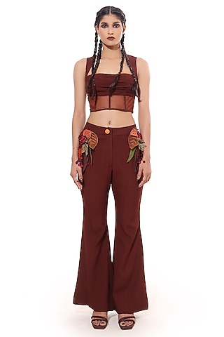Brown Moss Crepe Applique Tailored Pants Set by Bharat Adiani