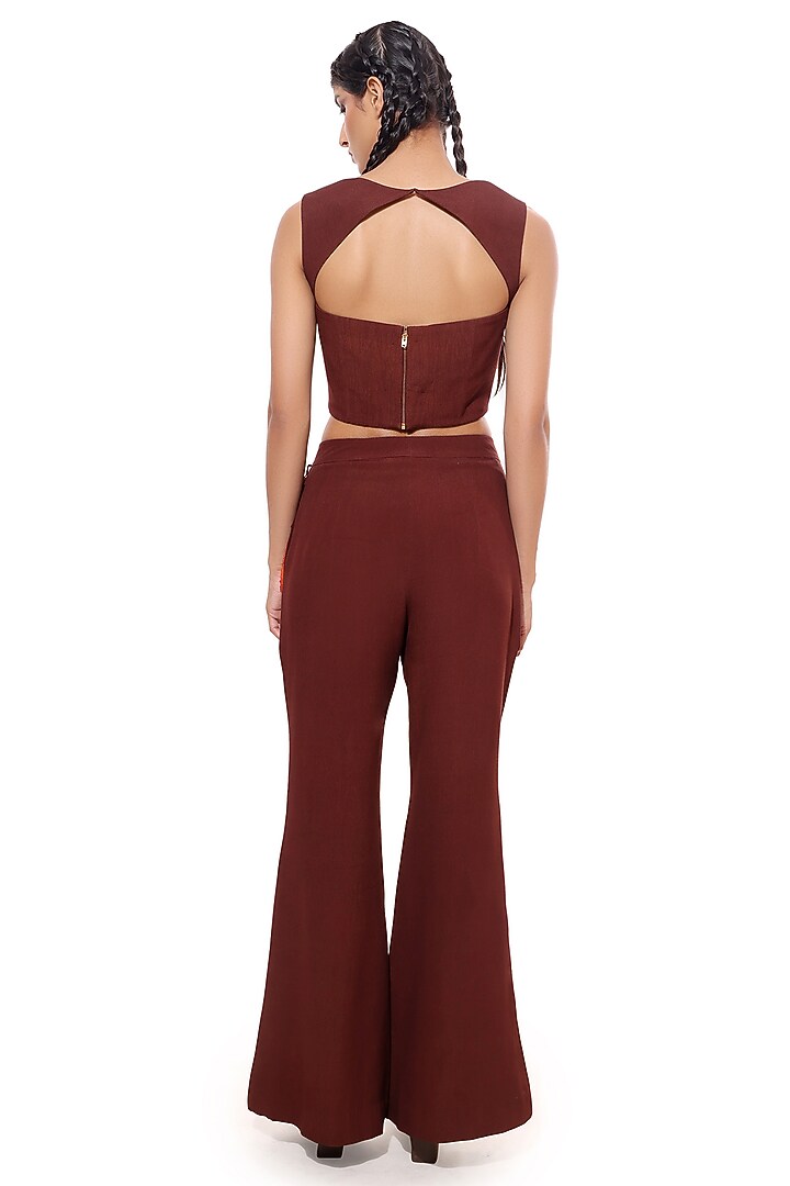 Brown Moss Crepe Applique Tailored Pants Set by Bharat Adiani at Pernia's Pop Up Shop