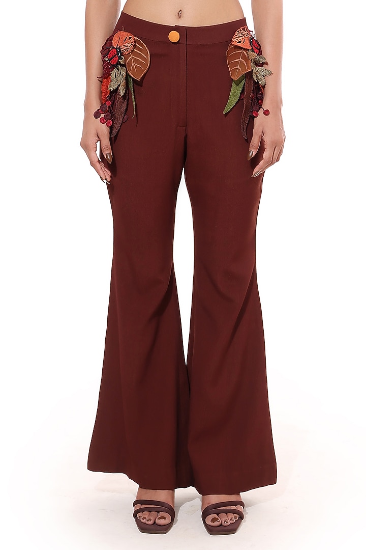 Brown Moss Crepe Applique Tailored Pants Set by Bharat Adiani at Pernia's Pop Up Shop