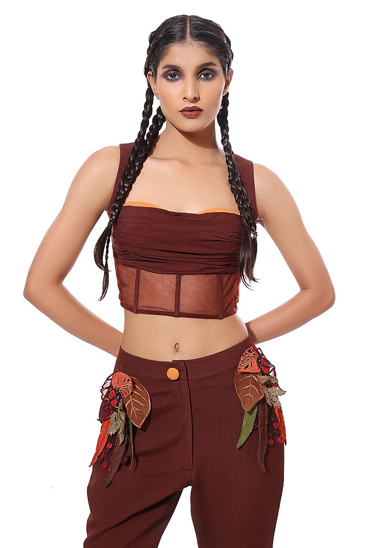 Brown Moss Crepe Applique Tailored Pants Set by Bharat Adiani at Pernia's Pop Up Shop