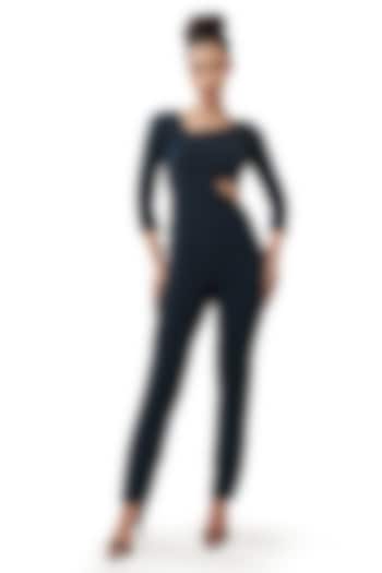 Navy Blue Moss Crepe Geometric Pearl Embellished Jumpsuit by Bharat Adiani at Pernia's Pop Up Shop
