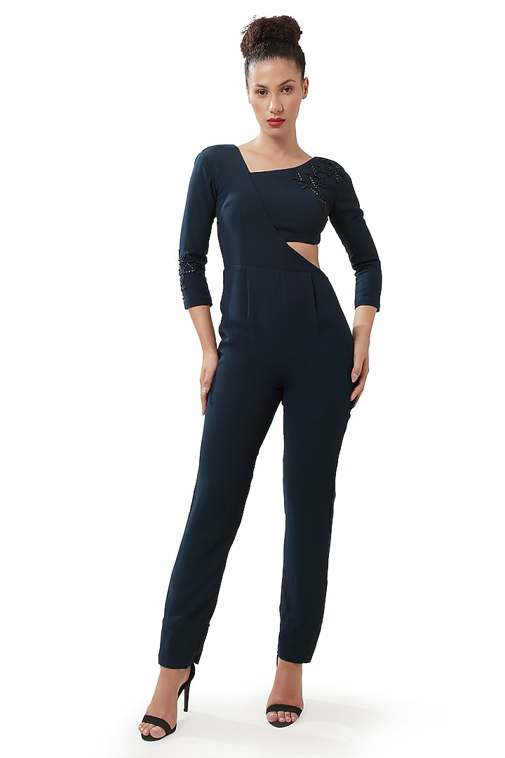 Navy Blue Moss Crepe Geometric Pearl Embellished Jumpsuit by Bharat Adiani at Pernia's Pop Up Shop