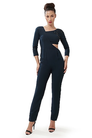 Navy Blue Moss Crepe Geometric Pearl Embellished Jumpsuit by Bharat Adiani