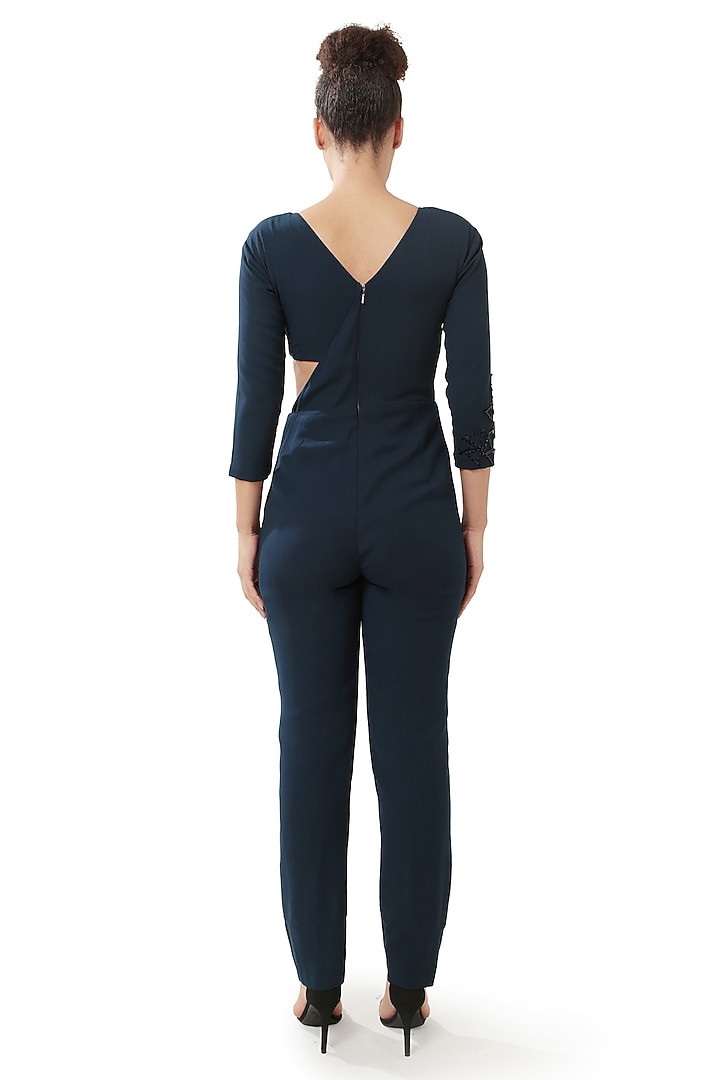 Navy Blue Moss Crepe Geometric Pearl Embellished Jumpsuit by Bharat Adiani at Pernia's Pop Up Shop