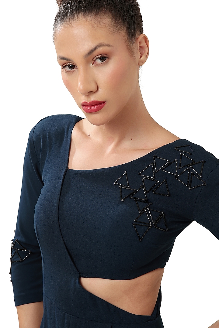 Navy Blue Moss Crepe Geometric Pearl Embellished Jumpsuit by Bharat Adiani at Pernia's Pop Up Shop