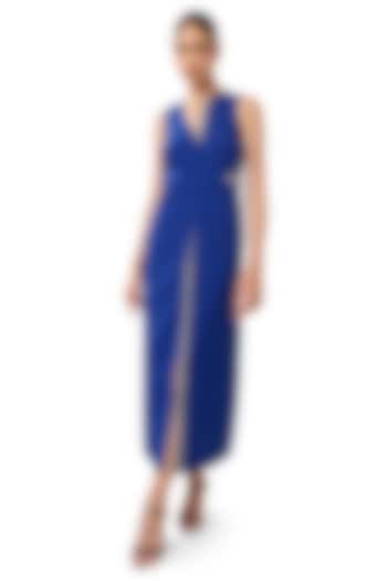 Royal Blue Natural Crepe Stone Embellished Maxi Drape Vacation Dress by Bharat Adiani at Pernia's Pop Up Shop