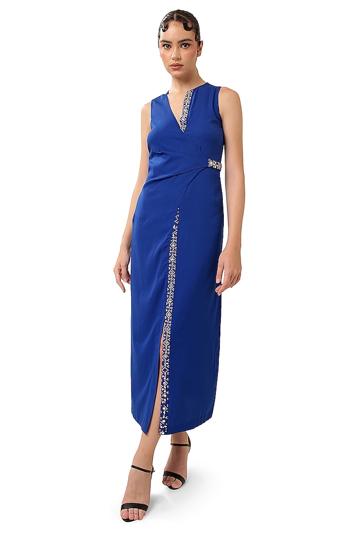 Royal Blue Natural Crepe Stone Embellished Maxi Drape Vacation Dress by Bharat Adiani at Pernia's Pop Up Shop