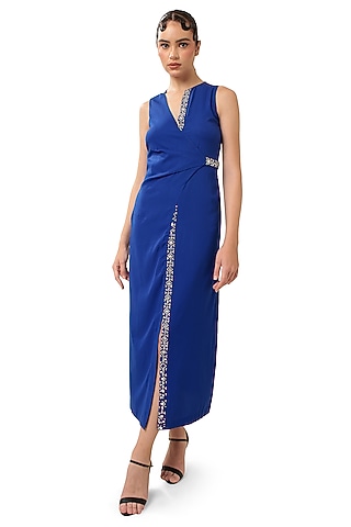 Royal Blue Natural Crepe Stone Embellished Maxi Drape Dress by Bharat Adiani