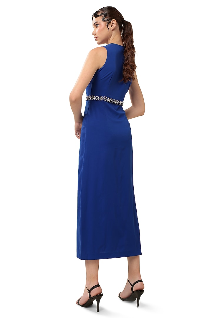 Royal Blue Natural Crepe Stone Embellished Maxi Drape Vacation Dress by Bharat Adiani at Pernia's Pop Up Shop
