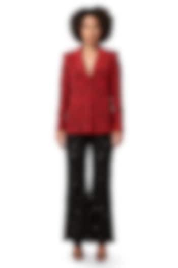Red Moss Crepe 3D Embroidered Blazer Set by Bharat Adiani at Pernia's Pop Up Shop