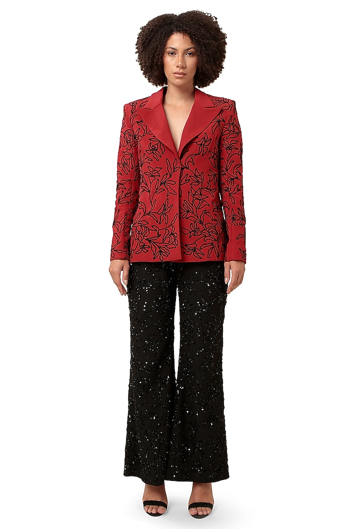 Red Moss Crepe 3D Embroidered Blazer Set by Bharat Adiani at Pernia's Pop Up Shop