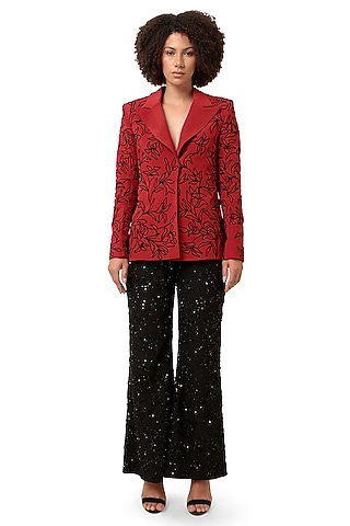 Red Moss Crepe 3D Embroidered Blazer Set by Bharat Adiani