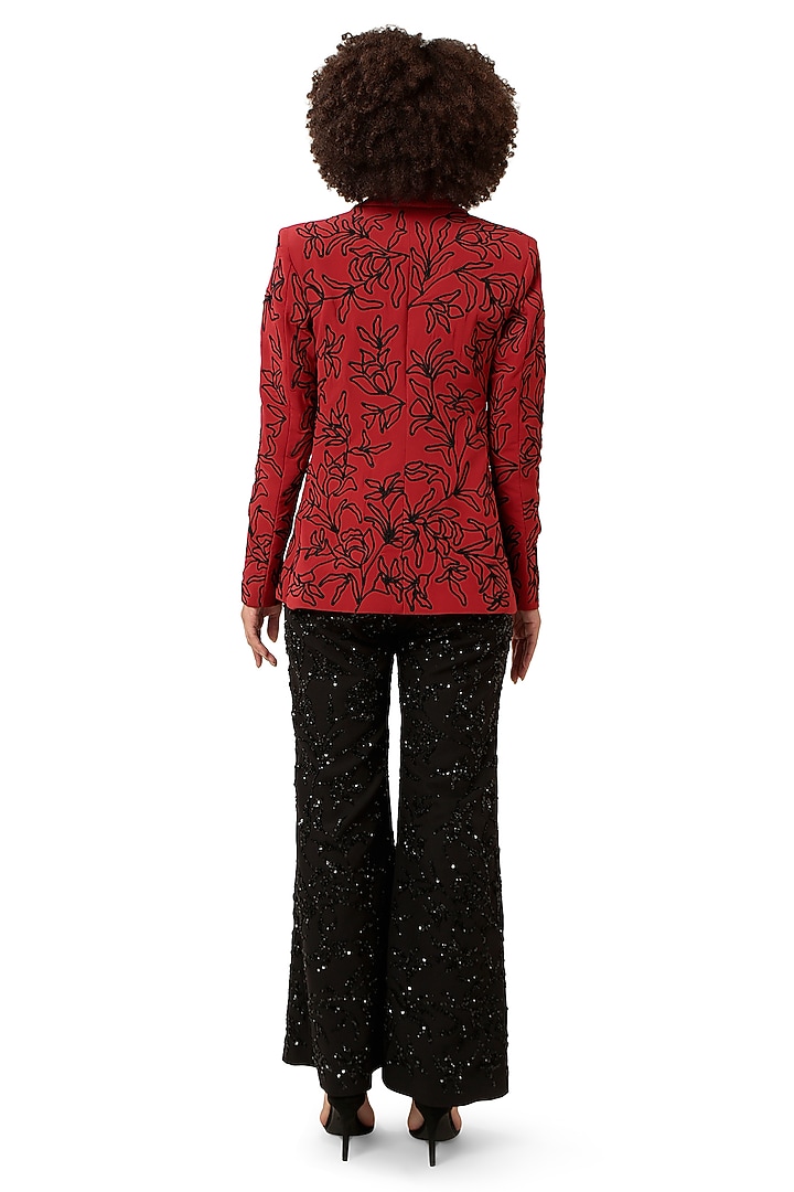 Red Moss Crepe 3D Embroidered Blazer Set by Bharat Adiani at Pernia's Pop Up Shop