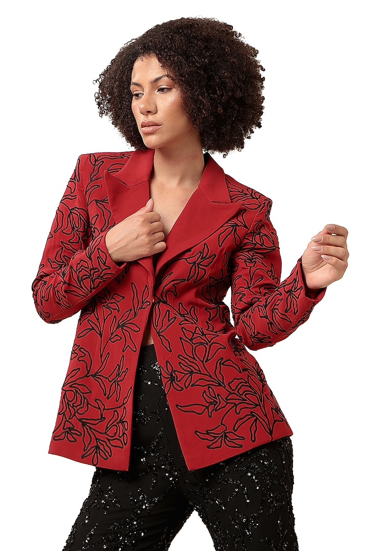 Red Moss Crepe 3D Embroidered Blazer Set by Bharat Adiani at Pernia's Pop Up Shop