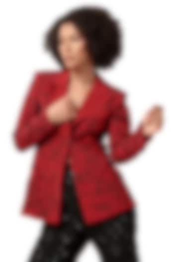 Red Moss Crepe 3D Cords Embroidered Blazer by Bharat Adiani at Pernia's Pop Up Shop
