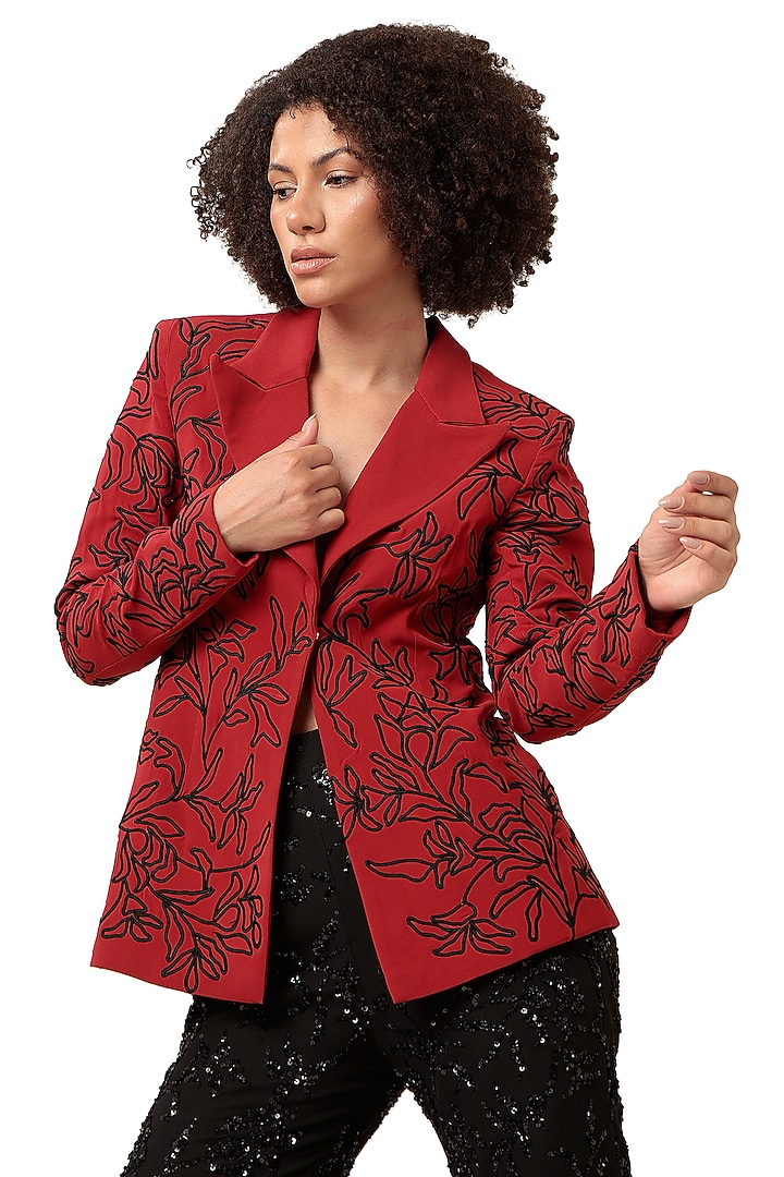 Red Moss Crepe 3D Cords Embroidered Blazer by Bharat Adiani at Pernia's Pop Up Shop