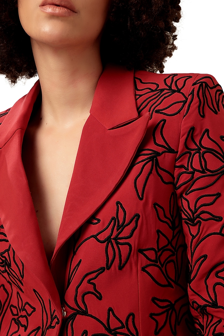 Red Moss Crepe 3D Cords Embroidered Blazer by Bharat Adiani at Pernia's Pop Up Shop