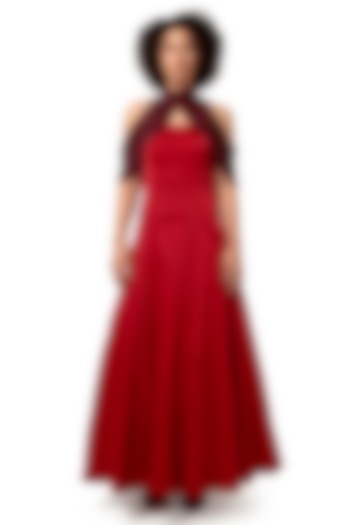 Red Velvet Satin Cutdana Embellished Flared Engagement Gown by Bharat Adiani at Pernia's Pop Up Shop