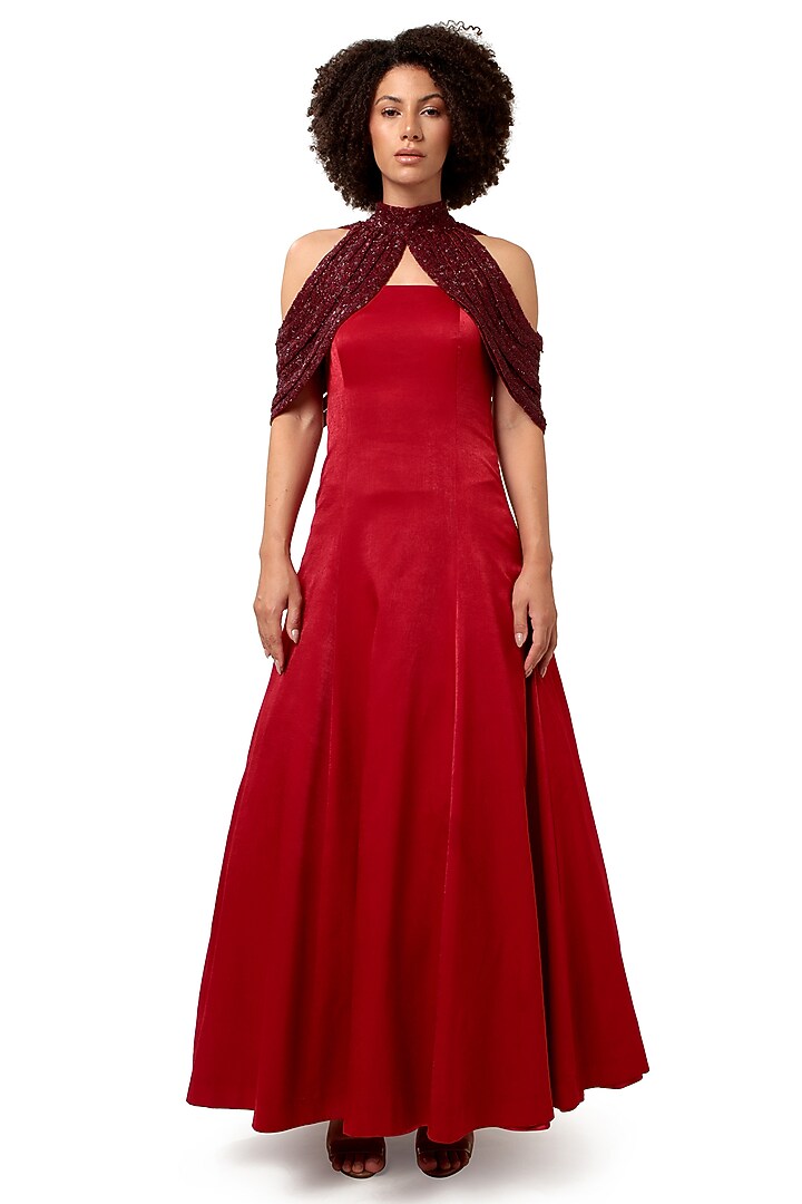 Red Velvet Satin Cutdana Embellished Flared Engagement Gown by Bharat Adiani at Pernia's Pop Up Shop