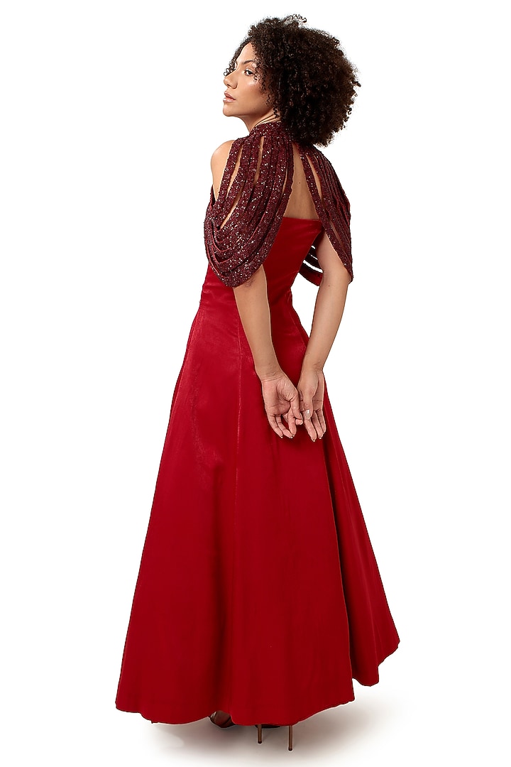 Red Velvet Satin Cutdana Embellished Flared Engagement Gown by Bharat Adiani at Pernia's Pop Up Shop
