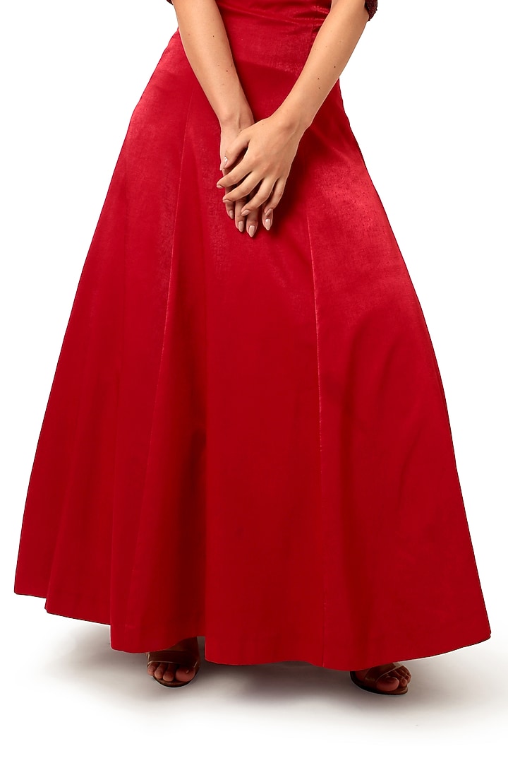 Red Velvet Satin Cutdana Embellished Flared Engagement Gown by Bharat Adiani at Pernia's Pop Up Shop