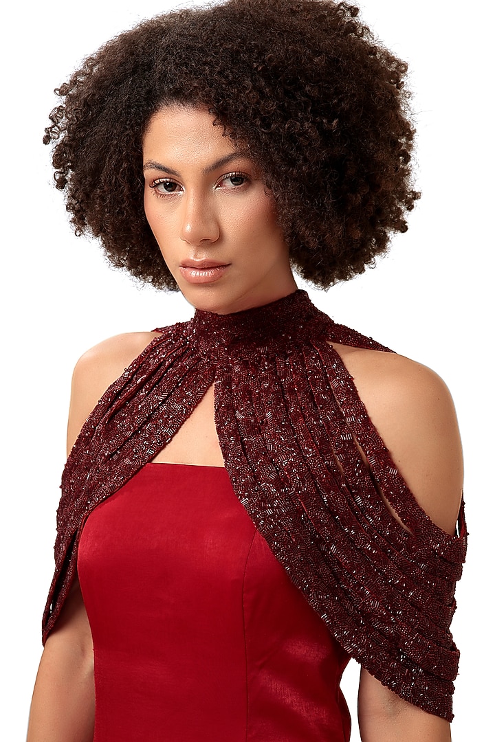 Red Velvet Satin Cutdana Embellished Flared Engagement Gown by Bharat Adiani at Pernia's Pop Up Shop
