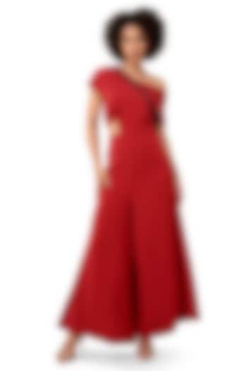 Red Moss Crepe Beads Hand Embroidered One-Shoulder Jumpsuit by Bharat Adiani at Pernia's Pop Up Shop