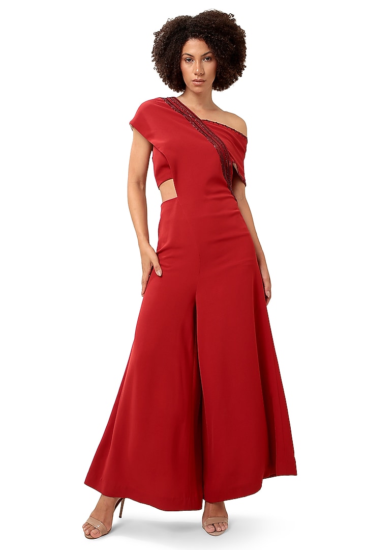 Red Moss Crepe Beads Hand Embroidered One-Shoulder Jumpsuit by Bharat Adiani at Pernia's Pop Up Shop