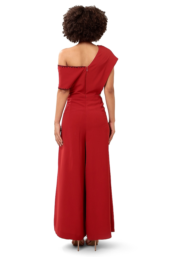 Red Moss Crepe Beads Hand Embroidered One-Shoulder Jumpsuit by Bharat Adiani at Pernia's Pop Up Shop