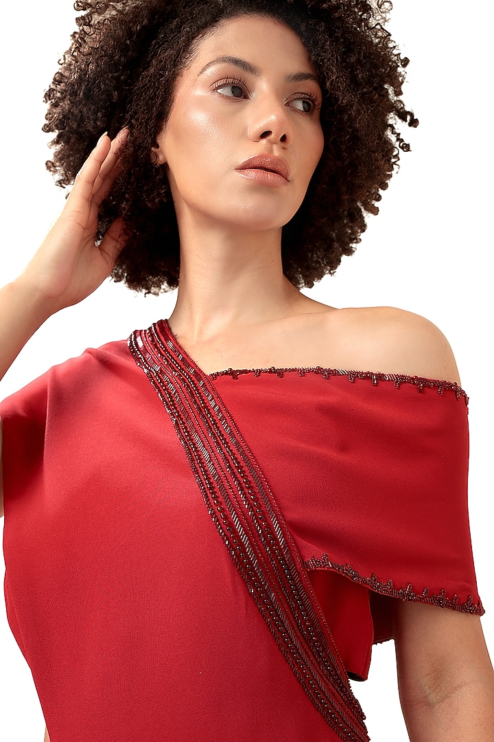 Red Moss Crepe Beads Hand Embroidered One-Shoulder Jumpsuit by Bharat Adiani at Pernia's Pop Up Shop