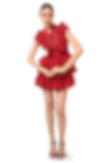 Red Organza Ruffled Mini Vacation Dress by Bharat Adiani at Pernia's Pop Up Shop