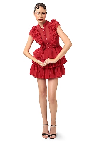 Red Organza Ruffled Mini Dress by Bharat Adiani