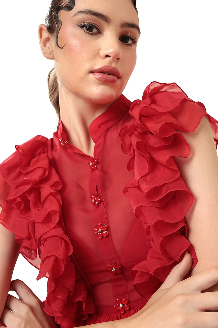 Red Organza Ruffled Mini Vacation Dress by Bharat Adiani at Pernia's Pop Up Shop