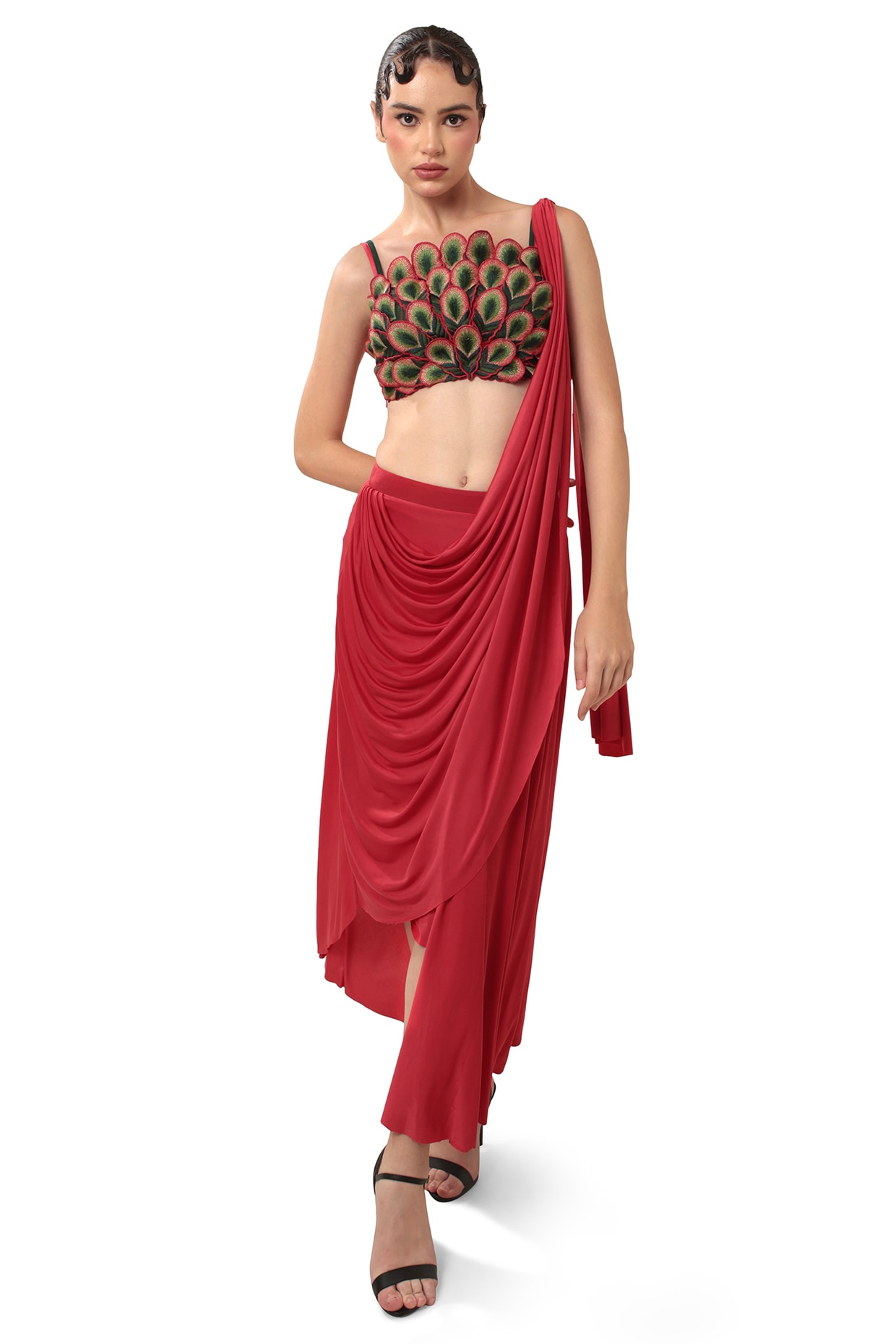 Bharat Adiani Red Satin 3D Peacock Feather Applique Draped Saree Set