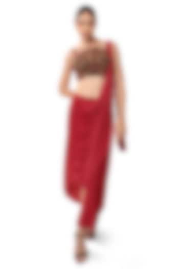 Red Satin 3D Peacock Feather Applique Draped Party Wear Saree Set by Bharat Adiani at Pernia's Pop Up Shop