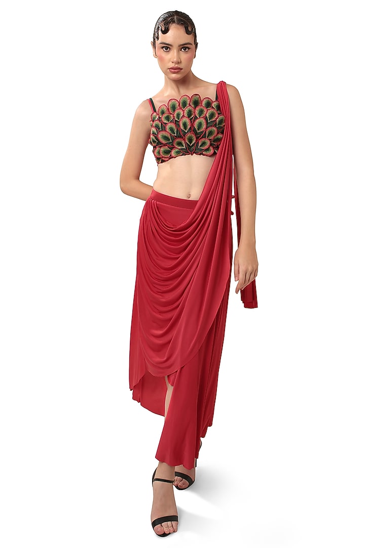 Red Satin 3D Peacock Feather Applique Draped Party Wear Saree Set by Bharat Adiani at Pernia's Pop Up Shop