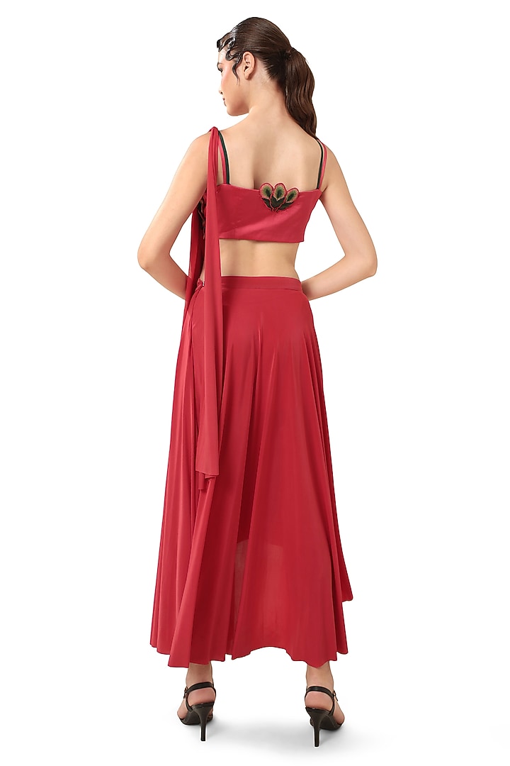 Red Satin 3D Peacock Feather Applique Draped Party Wear Saree Set by Bharat Adiani at Pernia's Pop Up Shop