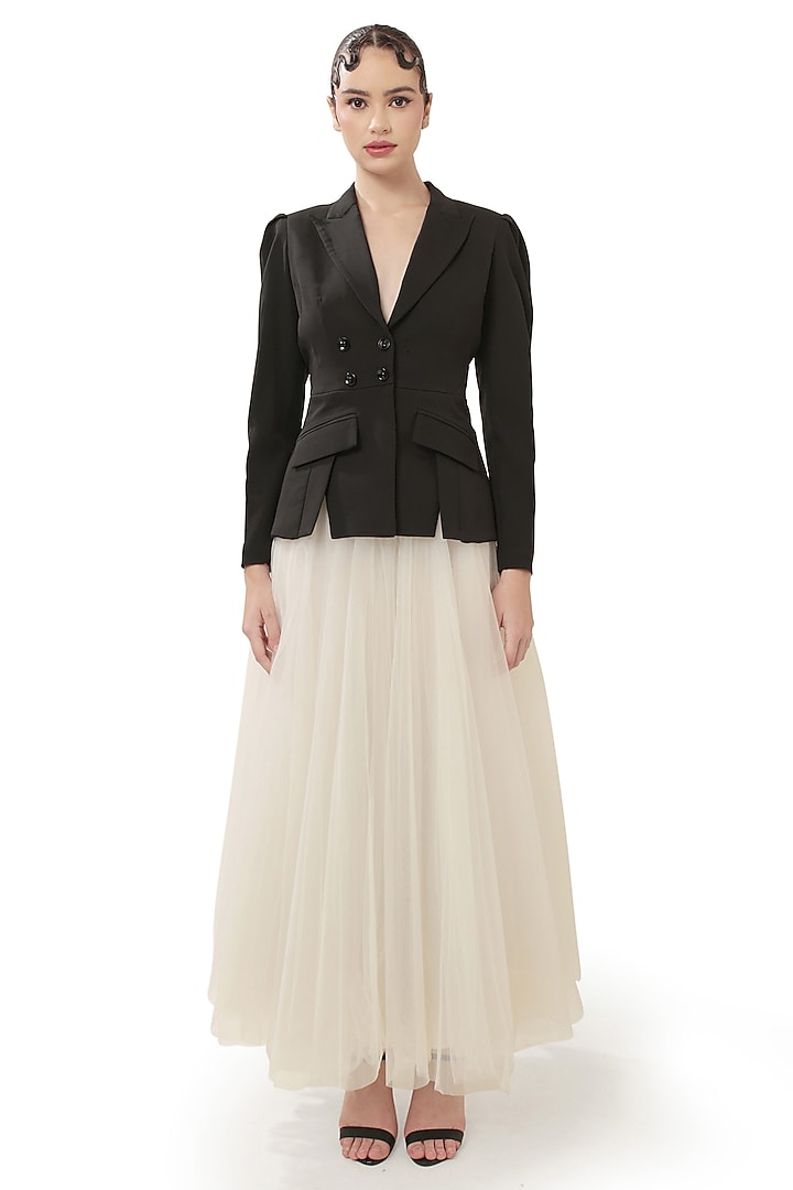 Black Moss Crepe Backless Hourglass Blazer by Bharat Adiani at Pernia's Pop Up Shop